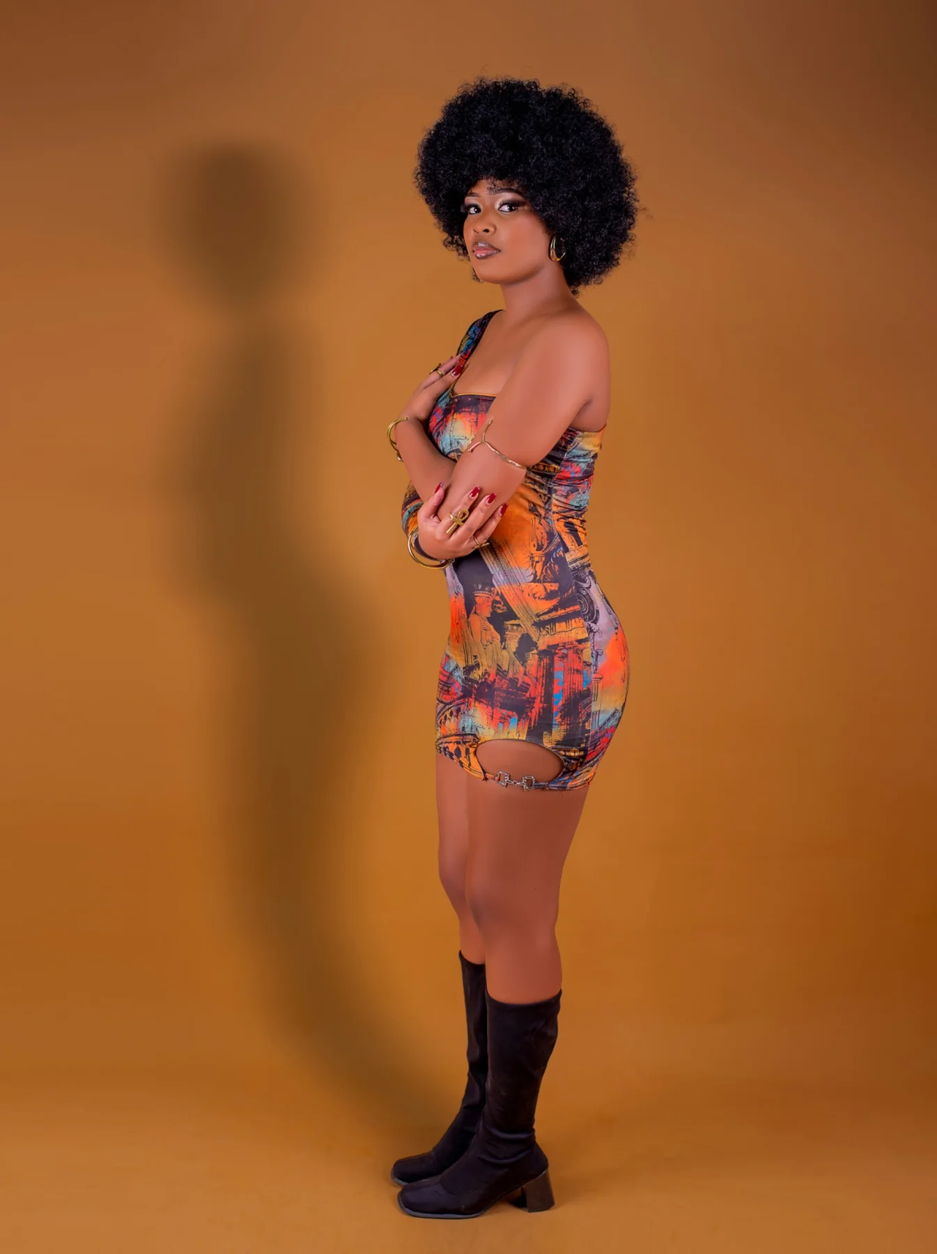 Studio portrait of a woman with a voluminous afro hairstyle